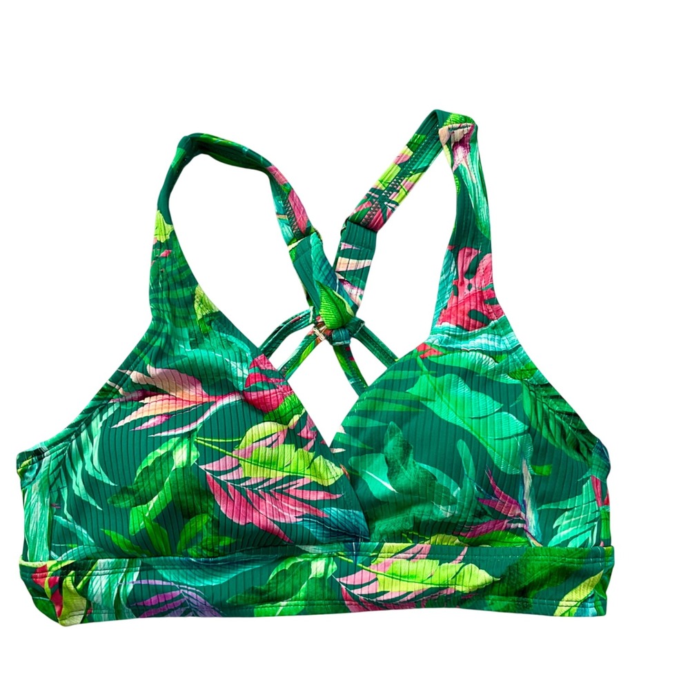 Next Kalani Tropical Leaf Ribbed Bikini Top Sport Bra Green 34B/C ResortWear NWT